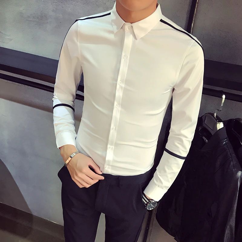 Корейская мужская рубашка, качественная Весенняя Новая мужская Повседневная рубашка с длинными рукавами, приталенная модная лента, дизайнерская Рабочая Рубашка для ночного клуба, смокинг