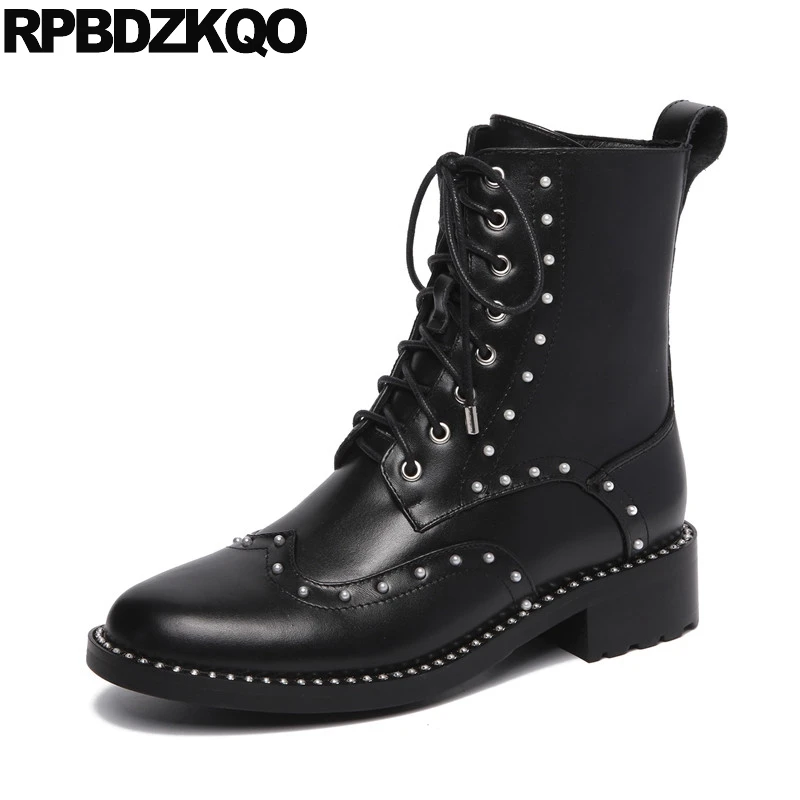 

Big Size Combat Chunky Shoes British Punk Rock Boots Women Genuine Leather Military Sheepskin Ankle Winter Black Pearl Round Toe