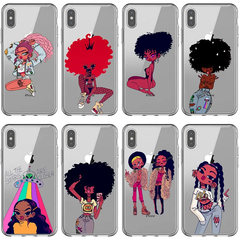

Melanin Poppin Soft Silicone TPU phone cover cases for iphone 6 7 6s 8 plus Afro Black Girl case for iphone x xr xs max coque