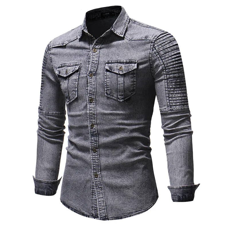 HuLooXuJi Мужская джинсовая рубашка хлопок джинсовая рубашка Мода Осень Зима с длинным рукавом стильные потертые облегающие Топы Размер США: M-3XL