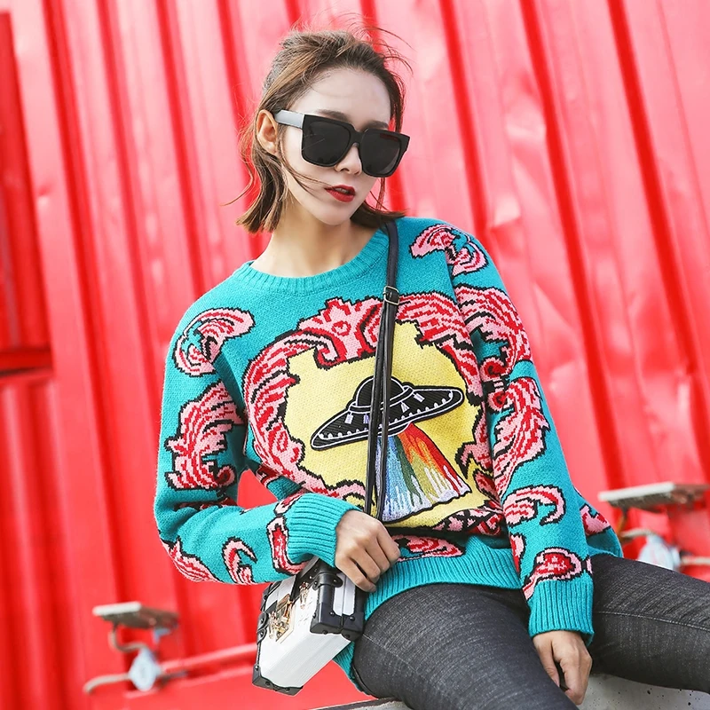 Women New vintage warm sweaters UFO Clouds Jacquard pullovers winter autumn knitted retro loose tops blusas C-012