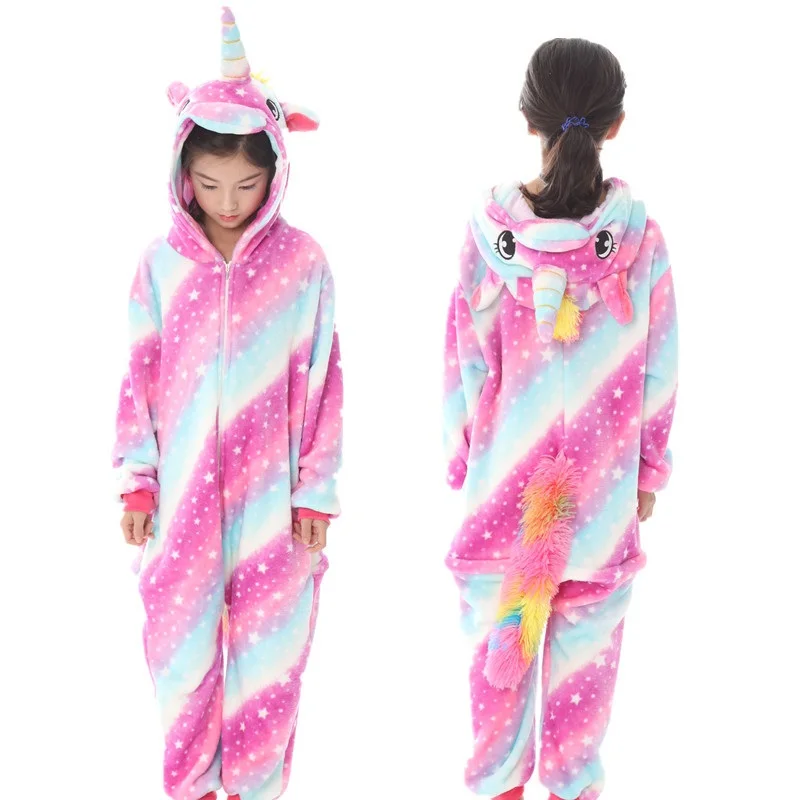 Детские пижамы с единорогом и животными для девочек и мальчиков, теплая мягкая Пижама с рисунком единорога, зимний комбинезон, пижамы для косплея, детские комбинезоны кигуруми - Цвет: rose pink star