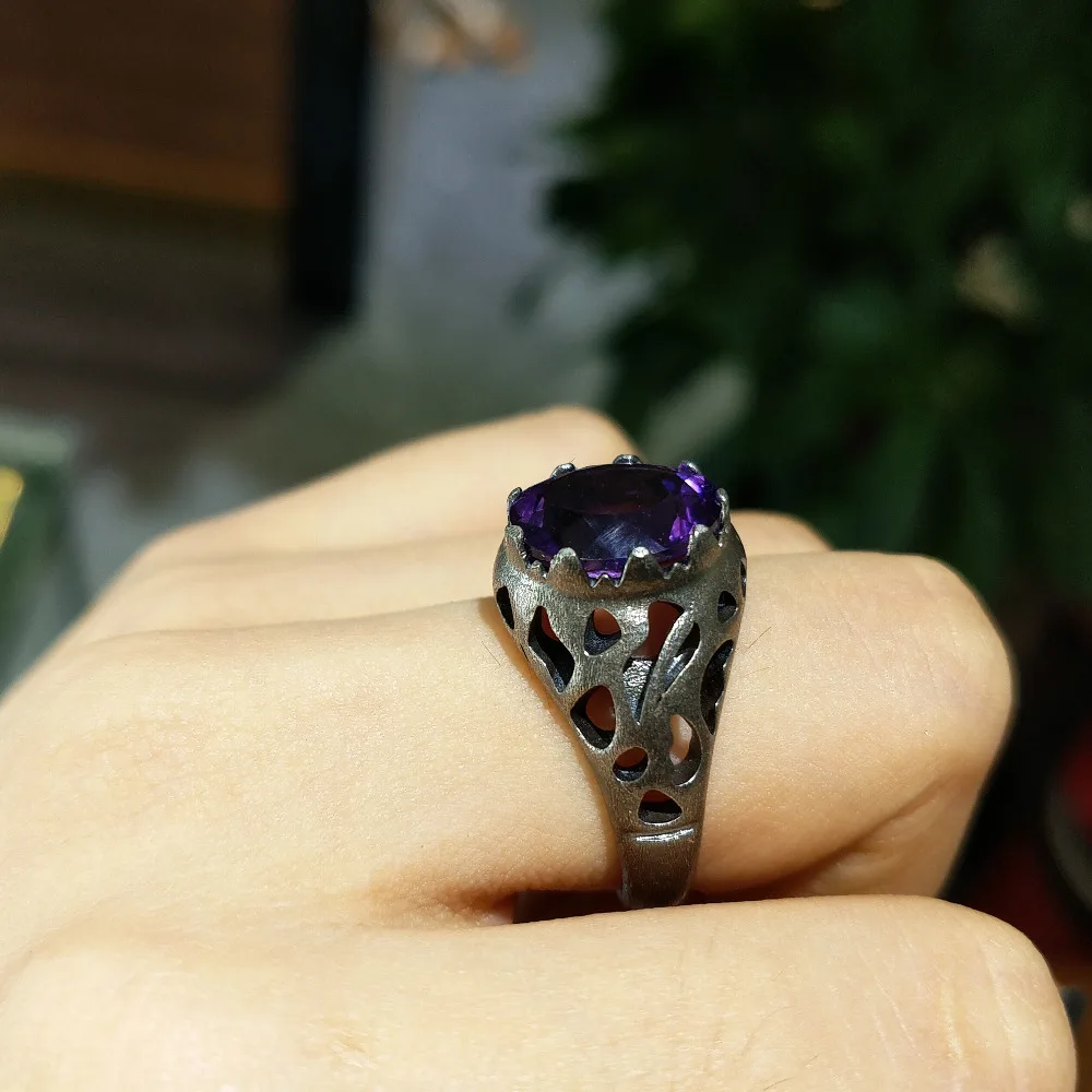 FLZB, Rock lucky big man кольцо из стерлингового серебра 925 пробы с натуральный аметистовый драгоченный камень ov 10*12 мм черное огромное крутое кольцо в стиле хип-хоп