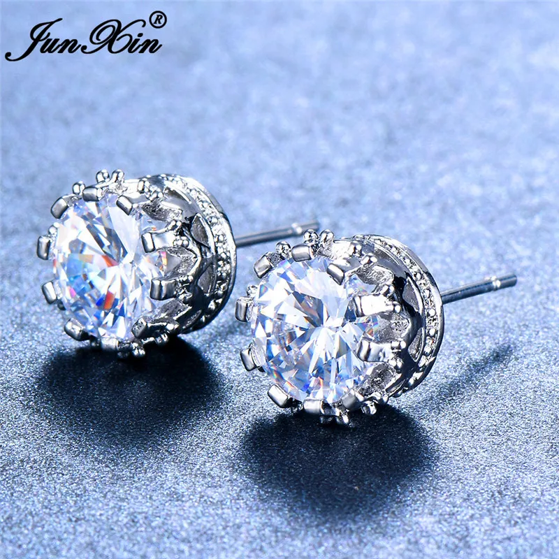 JUNXIN женские зеленые/синие/фиолетовые/радужные серьги-гвоздики 8 мм большие круглые серьги для женщин винтажные 925 серебряные свадебные украшения