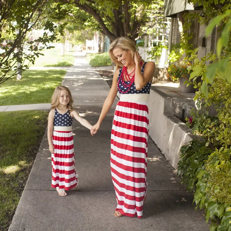 

VOGUEON Mother and Daughter Clothes Summer Sleeveless Family Matching Striped Flag Dresses Mommy and Me Maxi Dresses Outfit