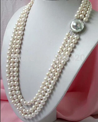 

~~ Free Shipping >>3strands 25-27" 9mm white round freshwater pearl Necklace hope pearl silver clasp