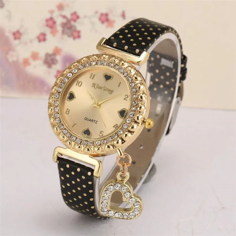 2018 Love Heart Bracelet Watches Women Leather Crystal Quartz Wrist Watch Gold Clock Relojes Mujer Relogio Feminino Montre A60