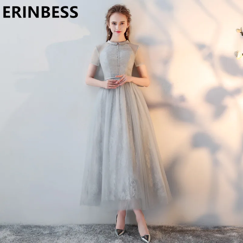 

Vestido De Festa A Line Silver Prom Dresses Scoop Neck Short Sleeve Tulle Ankle Length Women Formal Party Gowns