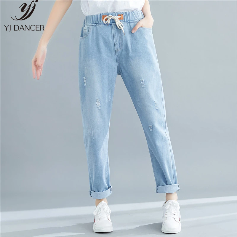 Джинсовые укороченные брюки женские 2019 весна большой размер повседневные для похудения полоса свободные шаровары джинсовые брюки H00523