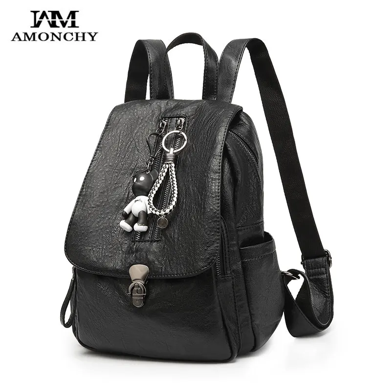 

Summer 2019 Women Leather Backpacks Large Capacity Shoulder Bags For Girls Schoolbag Anti-theft Lock Little Monster Backpack New