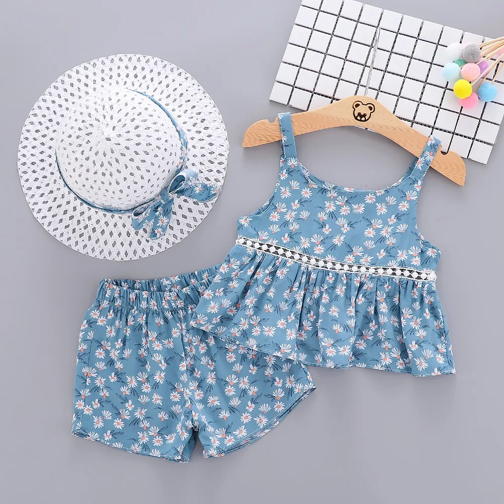 

2019 Summer Beach Bohemian Style Baby's Sets Hot Shorts + Floral Print Spaghetti Strap Vest Tops + Sunhat Vintage 3Pcs Suits