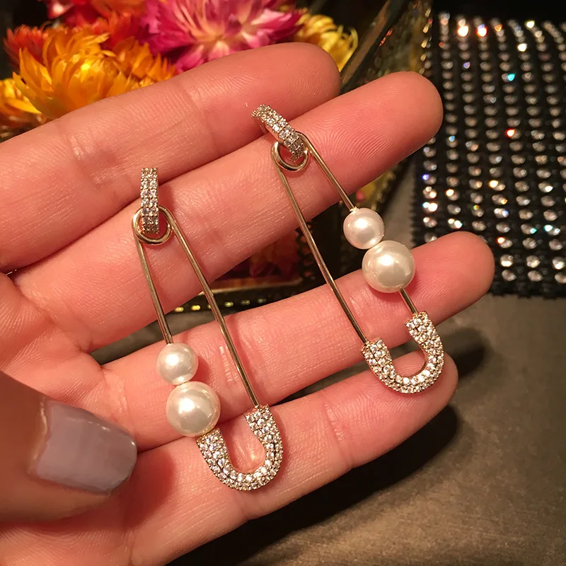 

Dazz S925 Silver Dangle Earrings Safety Pin Premium Pearl Shiny Zircon Jewelry Women Girl Party Holiday Luxury Accessories 2019
