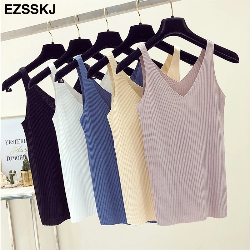 

Vintage Sexy Knitted Tank Tops Women office V Neck Tank top Solid Fitness Sweater camisole chic OL sleeveless shirt female top