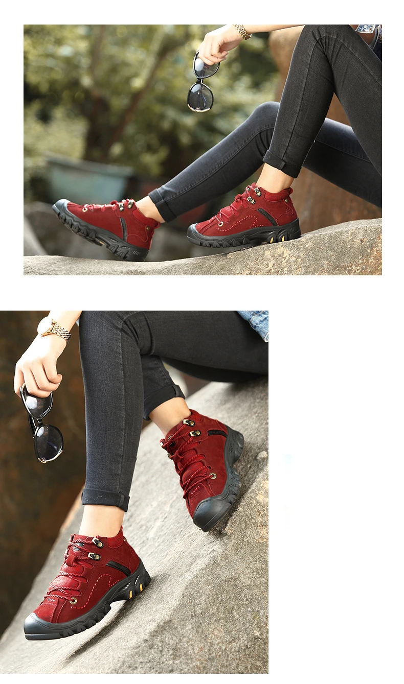 Золотистые Женские Горные ботинки из натуральной кожи; женская походная обувь на платформе; резиновые походные ботинки; женская обувь для охоты
