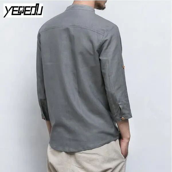 #4429 الأزياء القطن كيمونو قمصان الرجال الصينية نمط ثلاثة الأكمام الربع زائد حجم رجل الملابس قميص كتان الرجال اليوسفي طوق