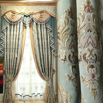 

Custom curtains European high-precision embossed Jacquard embroidery blue cloth blackout curtain tulle valance drapes N458