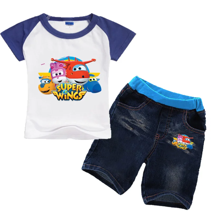

2-8Years New Baby Girls Clothing Super Wings Girls Short Sleeve T Shirt Jeans 2pcs Set Children's Clothing Casual Tops Tee Shirt