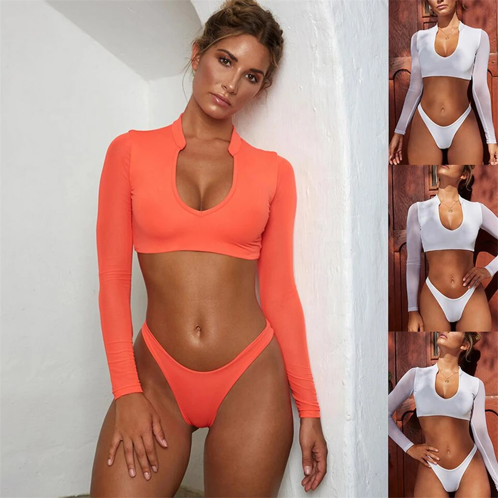 Hot sexy women bikini long sleeve UV protection crop top swimsuit thong bathing suit bottoms beach bikini set swimwear mesh