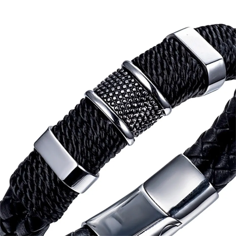 Black Simple Geometric Weaving Mens Bracelet Charms Leather Stainless Steel Boy Fashion Jewelry Father's gift  (6)