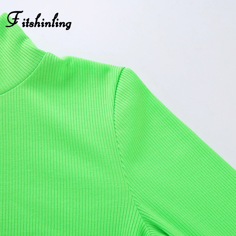 Fitshinling Fashion hot fluorescence t-shirts women tops neon long sleeve slim turtlenecks female t-shirt solid t shirt