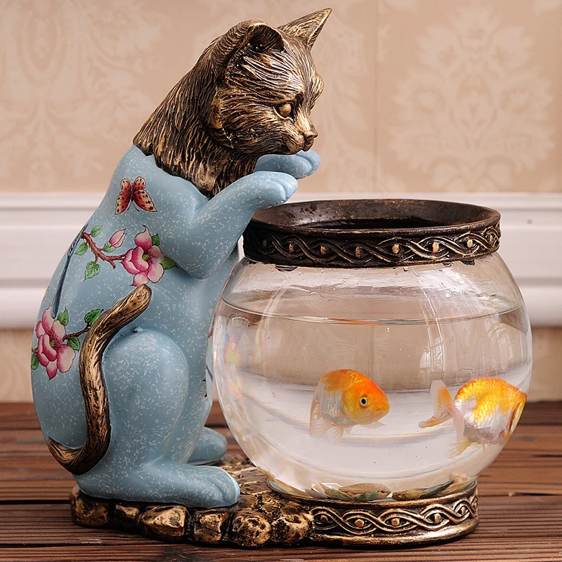 Американский пасторальный рыбацкий Кот Золотая рыбка аквариумная ваза настольное украшение персональный Европейский животный рыбный фланг Смола украшения "Кошки"