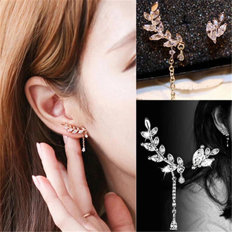 Women's Asymmetric Leaf Ear Clip Chain Drop Dangle Ear Cuff Earrings
