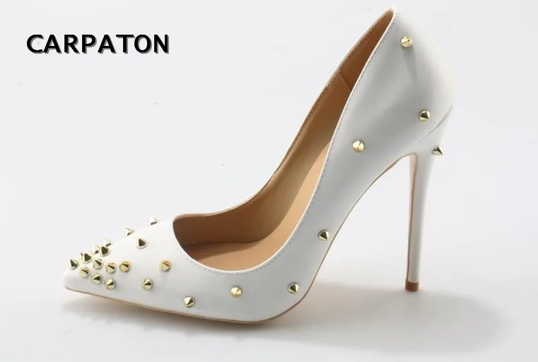 

Carpaton Sexy Women Metal Rivets Studs White Leather Pumps Pointed Toe Thin Heels Shoes Gold Spike Wedding Heels Dress Shoes