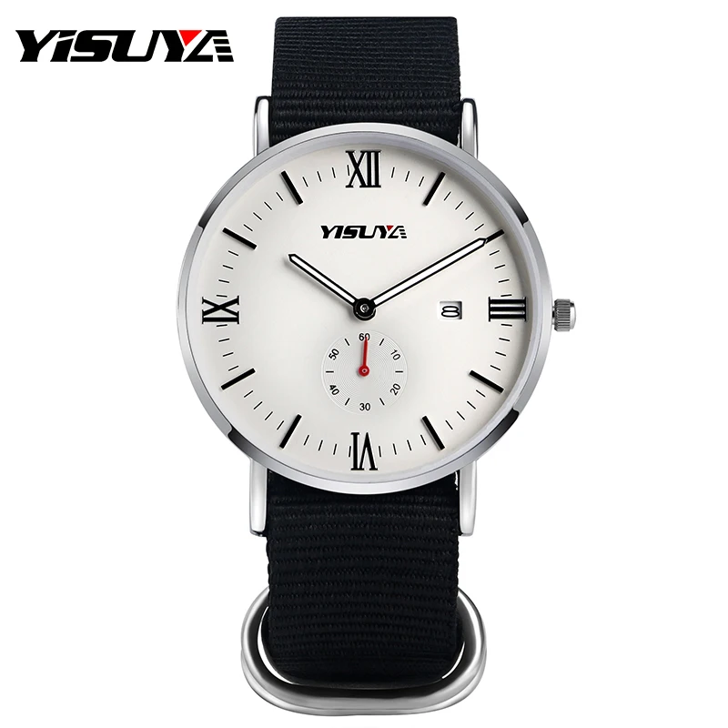 

YISUYA Date Modern Watch Men Simple Brief Black Nylon Band Women Sport Casual Quartz Wristwatch