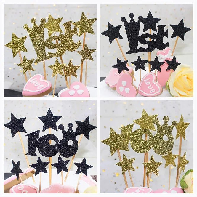 

8pcs/lot 1st Birthday Cake Topper With Stars 100 Glitter Cupcake Flags Baby Shower Birthday Aniversary Party Cake Decor