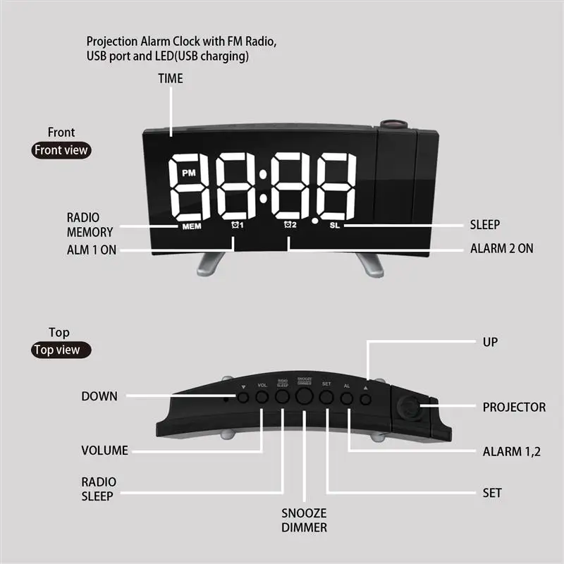 Цифровой радиоприемник с проектором будильник часы с режимом включения по таймеру таймер светодиодный Дисплей широкий изогнутый Экран USB зарядка 180 градусов стола наклейки на стену fm-радио, часы