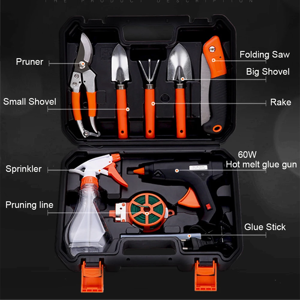 GHIXACTO 10pcs Gardening Tools Set Combination Pruning Pruner Flower Planting Shovel Spade Rake Fork Heat Melt Glue Gun With box