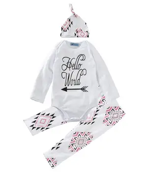 

4sets/lot Toddler clothes girls sets (romper+pants+caps) hello world baby kids clothes girls suit 1011 sylvia sis