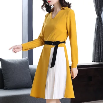 

Fashion fall dress Ladies elegant Pleated dress contrast color waist sashes Office dress V neck vestido plus size tunic L-5XL