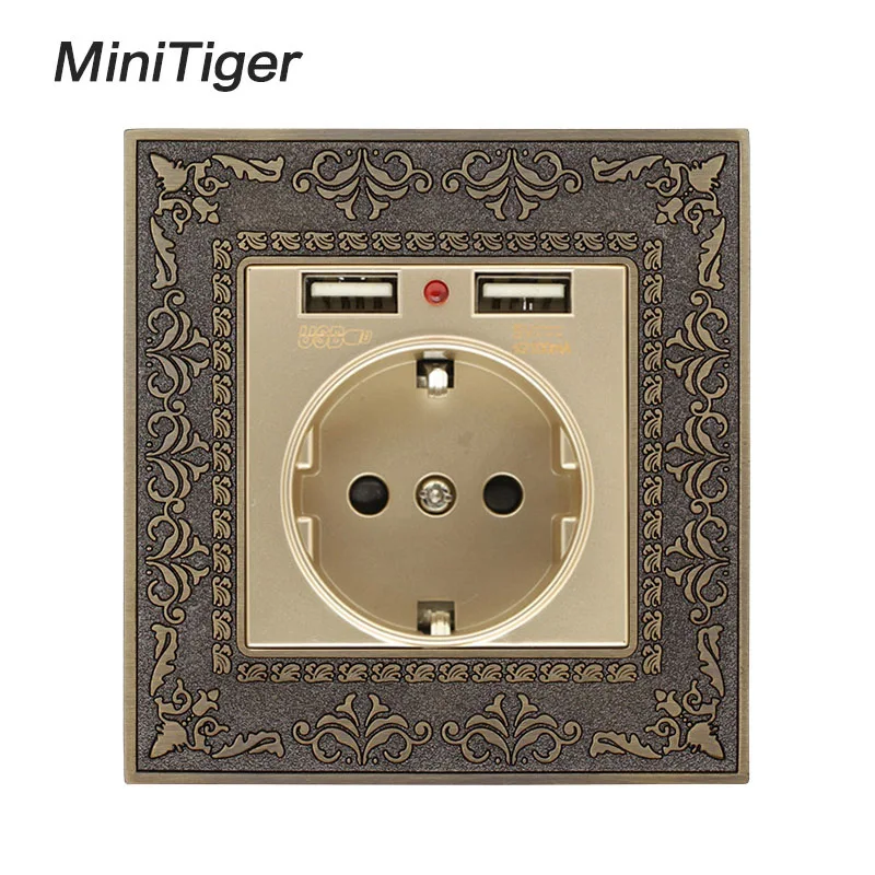 Minitiger Zinc Alloy High-end Retro Panel 16A Gold EU Standard Power Wall Socket With Dual USB 2.1A Charging Port Embossed Panel - Тип: USB Grey Socket