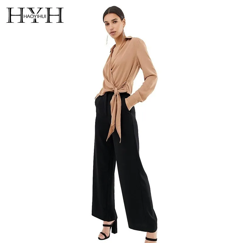 

HYH Haoyihui New Breaf Office Lady Kimono Style Tops Summer Spring 2019 Fashion Vertical Belt Solid Sexy V-neck Women Shirt