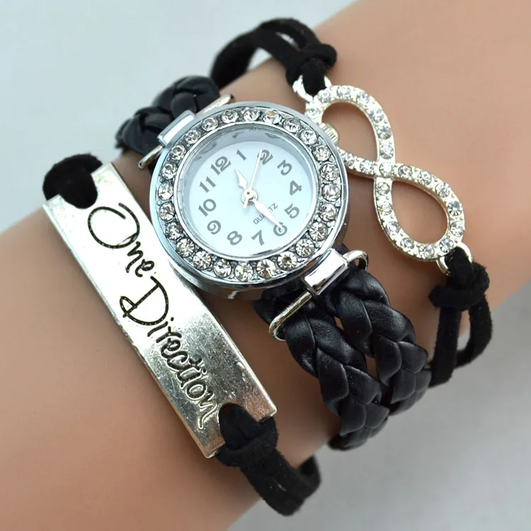 Retail and wholesale infinity Leather Bracelet with rhinestone watch