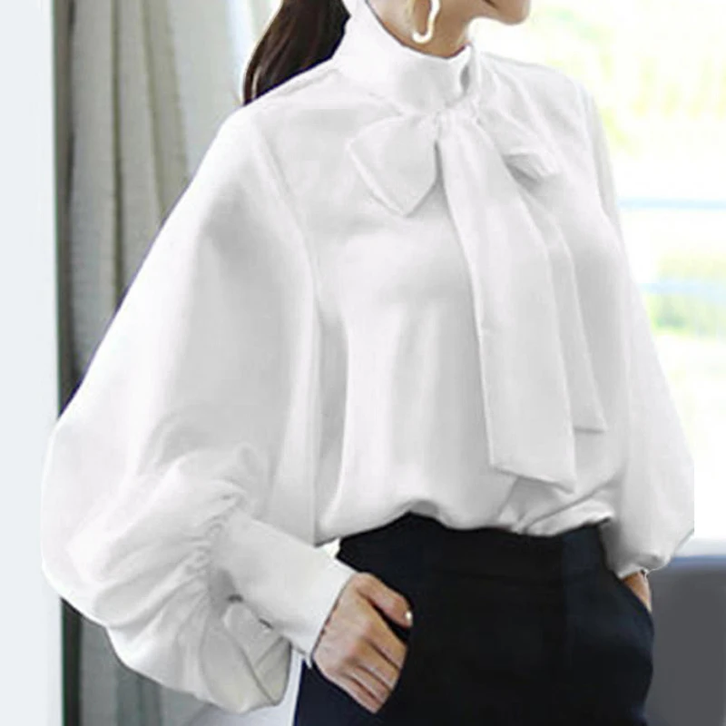 Белая элегантная женская блузка, модная Повседневная блуза с высоким воротником и рукавом-фонариком, топы с бантом, Офисная Женская рубашка размера плюс