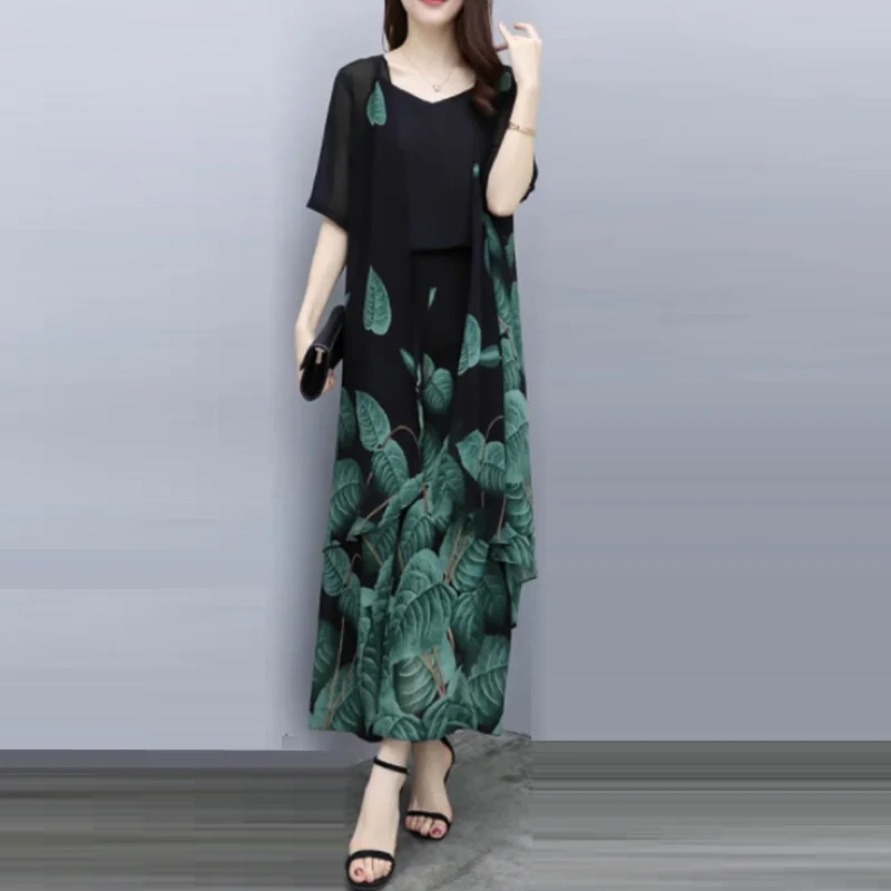 

2 Piece Set Women Kimono cardigan Pant Sets 2019 New Summer Fashion Elegant Chiffon Wide Leg Pants Two Pieces Clothes