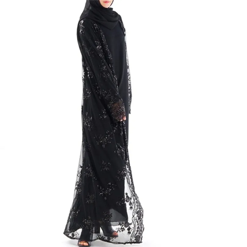 New Muslim Women Summer Lace Sequin Cardigan Long Sleeve Maxi Dress Kimono Open Abaya Robe Kaftan Dubai #4F08 (6)