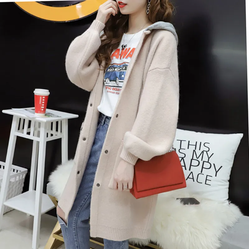 Autumn Knitted Sweater Cardigan Women Winter Hooded Long Jacket Female Pocket Lantern Sleeve Blue Creamy-white Outerwear