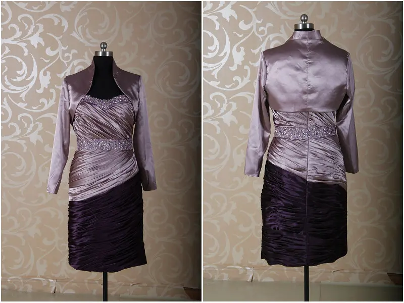 RSE233 фиолетовые официальные платья с атласным болеро куртка для свадьбы Гость Мать невесты платья короткая длина с курткой