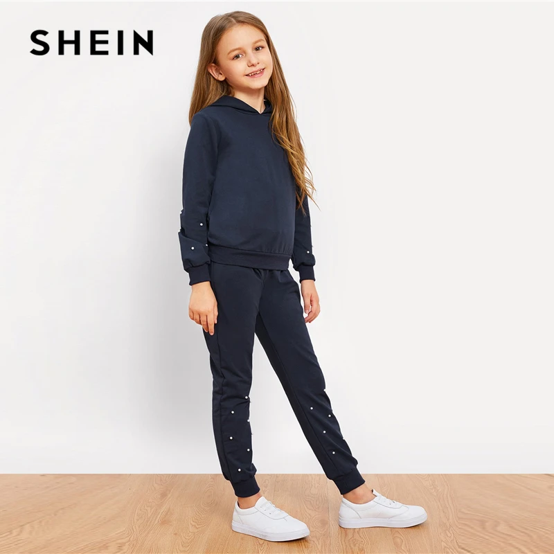 SHEIN/Детская толстовка с капюшоном с жемчужинами для девочек, повседневный топ и штаны комплект из двух предметов, г. Весенний комплект детской одежды с длинными рукавами