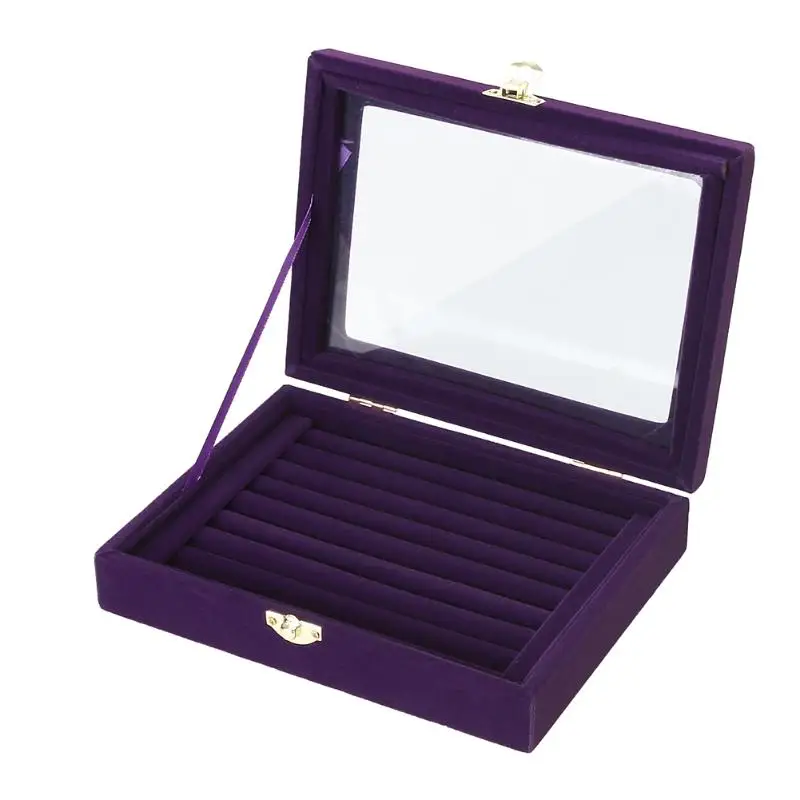 Бархатная коробка для ювелирных изделий, органайзер для хранения, стеклянная крышка, держатель для кольца, серьги, ожерелье, ювелирные изделия
