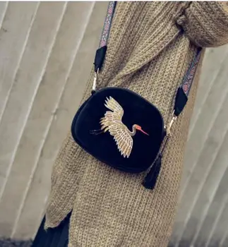 

2017 new velvet material with bird print female shoulder bag nice floral satin wide strap lady dove cross body bag
