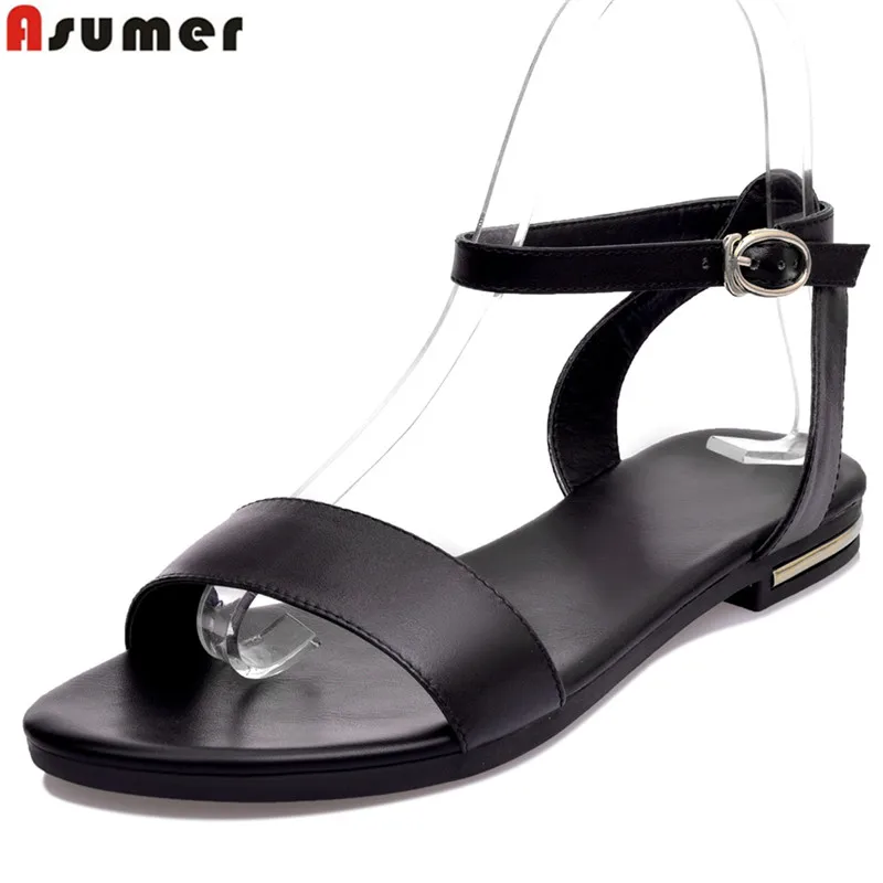 Meilleur Asumer Plus taille 34 43 neuf de haute qualité en cuir véritable sandales femmes chaussures dames solide couleur plat d été plage chaussures