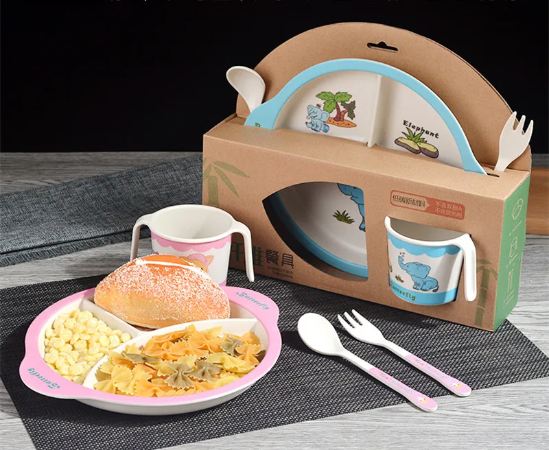 4 PCS Cute Children Tableware Set Baby Bamboo Fiber Cartoon Cup Tablespoon Plate Dishes for Kids children Feeding | Дом и сад