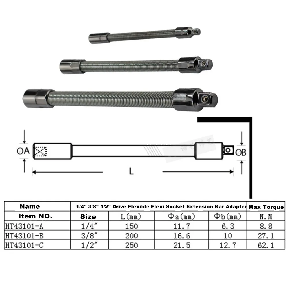 4pc Flexible Shaft Socket Extension Bar Flex Set 6/" 8/" 10/" 12/" 1//4/" and 3//8/" Dr