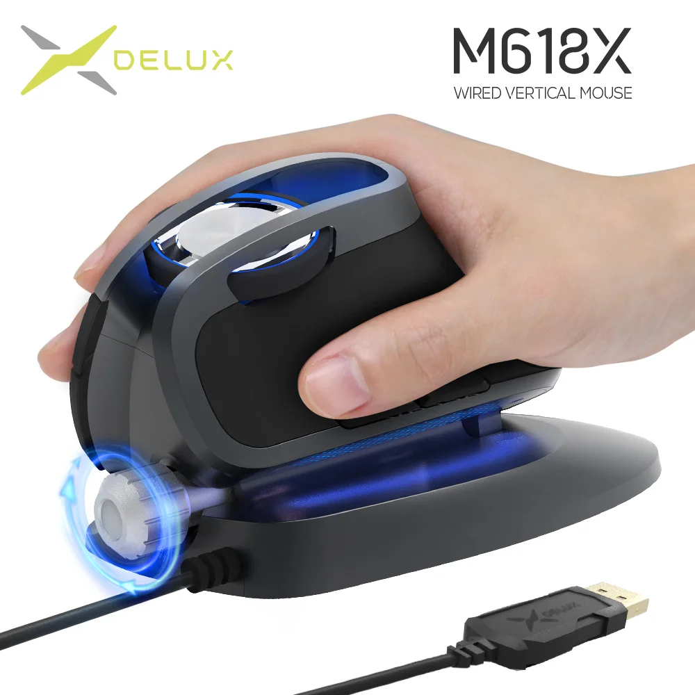 Delux M618X ángulo ajustable con Cable ratón Vertical 4000 PPP diseño ergonómico Cable trenzado óptico ratones con luz RGB para ventanas - 1