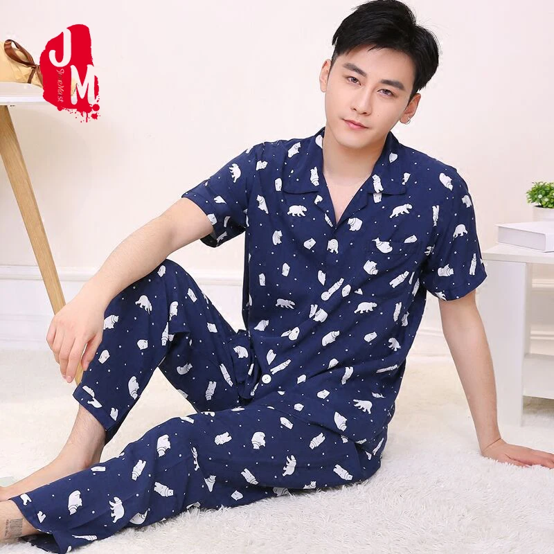 Пижамный комплект для мужчин с короткими рукавами длинные брюки девочек хлопок человек пижамы повседневное Пижама клетчатая двойка ночн