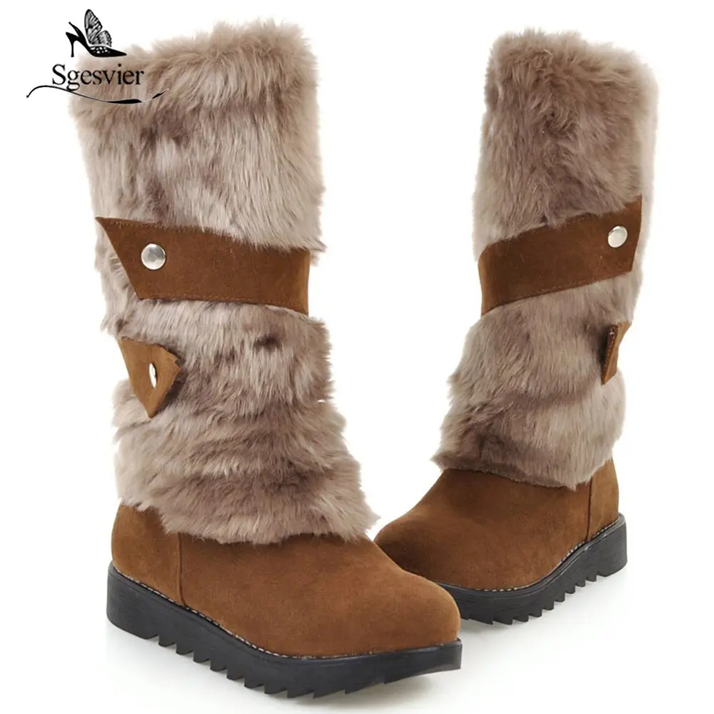 Sgesvier/новые модные сапоги до середины икры женские теплые зимние сапоги с круглым носком удобная обувь на платформе без застежки женская обувь B697